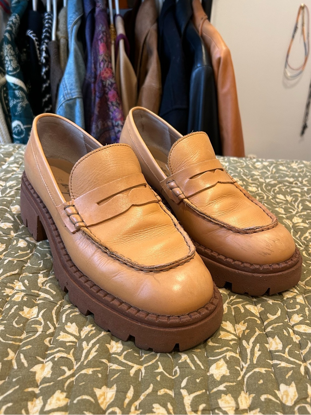 Free People Tan Leather Platform Loafers